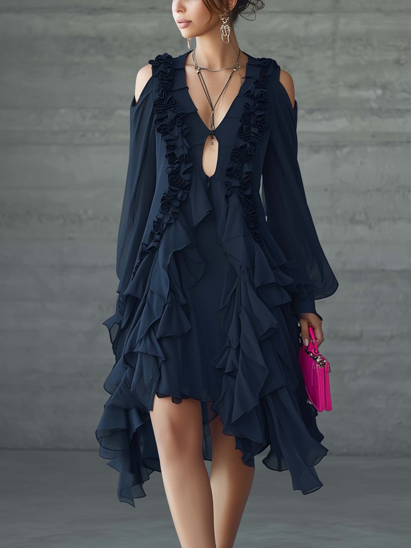 Navy Chiffon Cold Shoulder Ruffle Mini Dress