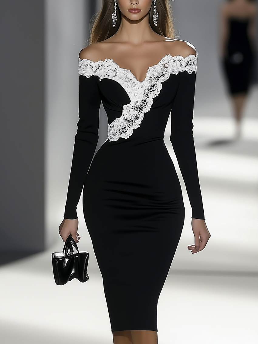 Off-Shoulder Black Midi Bodycon Dress With Lace Neckline