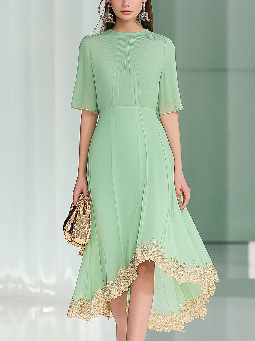 Mint Green Chiffon Dress With Gold Lace Embellishment At Bottom