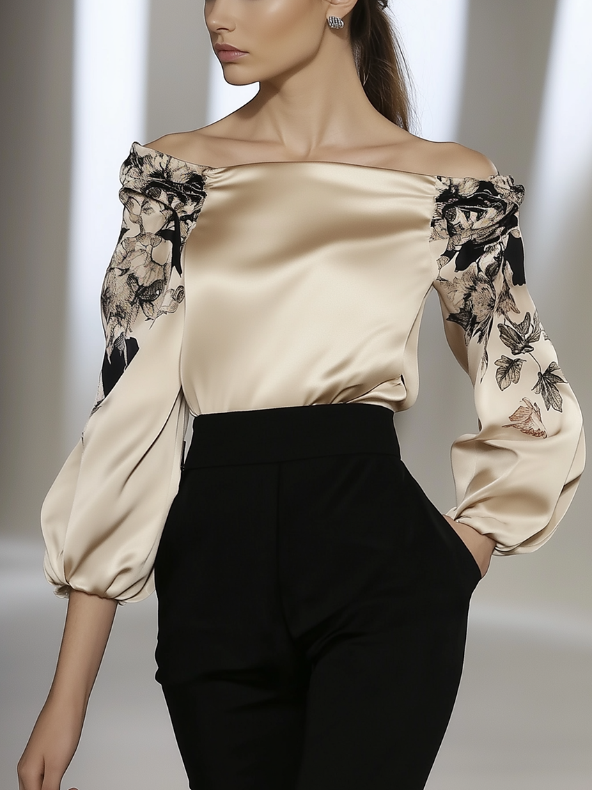 Off Shoulder Champagne Satin Shirt With Black Print Sleeves