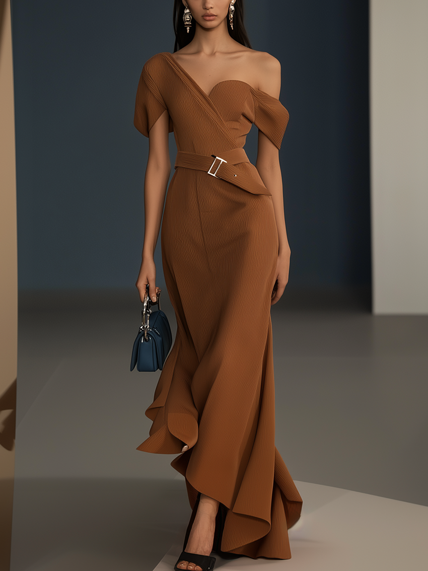 Off-The-Shoulder Texture Brown Maxi Dress With Belt