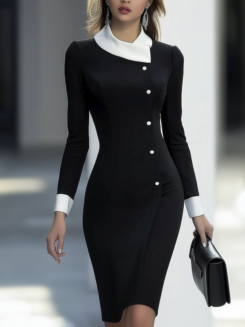 Black Midi Bodycon Dress With White Neckline And Cuffs