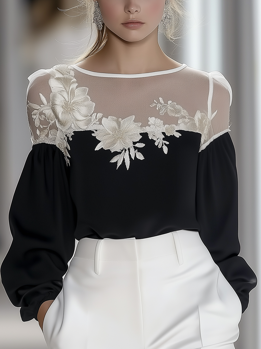 Black Chiffon Shirt With Light Gold Embroidery With White Mesh Stitching At The Neckline