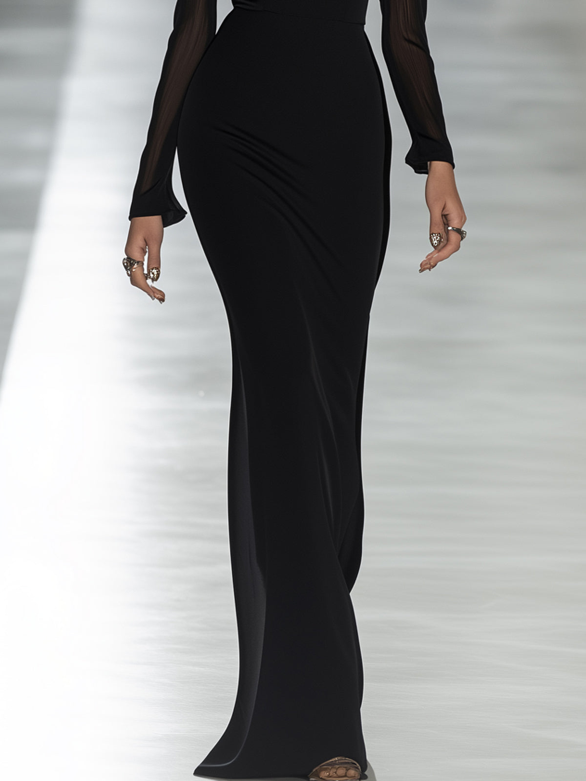 Black Woven Embellished Neckline Sheer Sleeves High Neck Maxi Dress