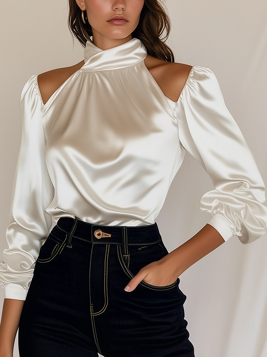 Off-The-Shoulder High Collar White Satin Shirt