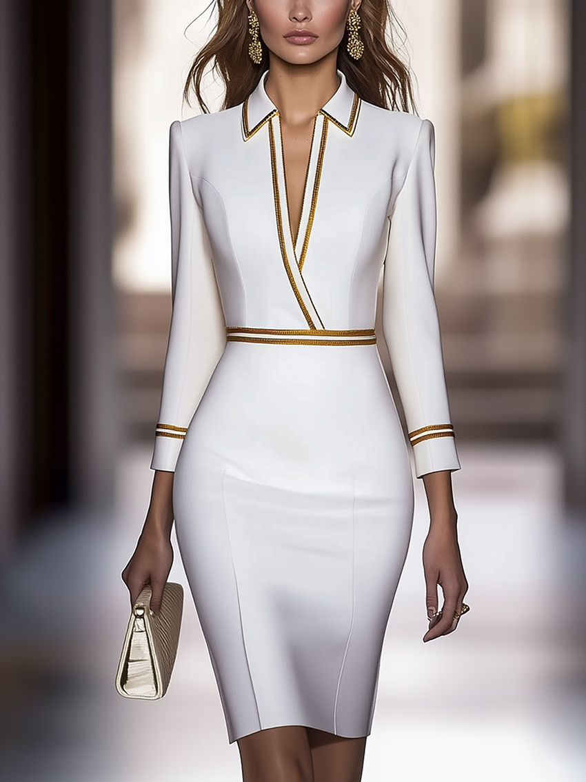 White Midi Bodycon Dress With Lapel And Gold Trim