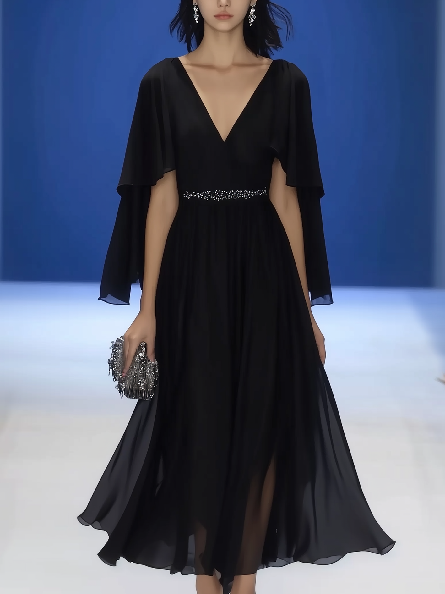 Black Chiffon Maxi Dress With Embellishment At The Waist