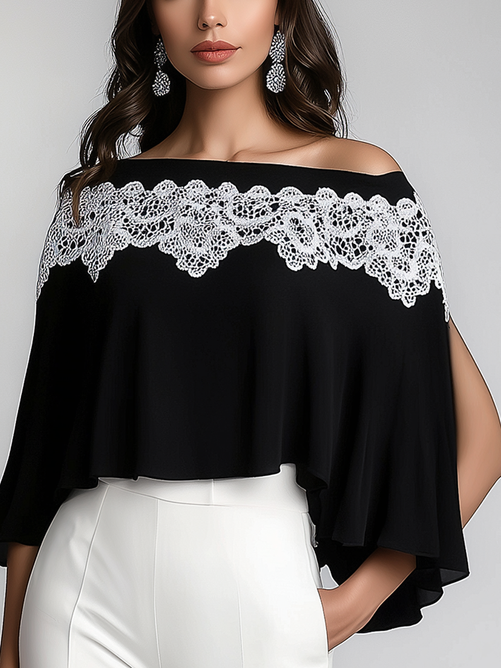 Off-The-Shoulder Black Chiffon Shirt With Sleeves Hole And White Lace