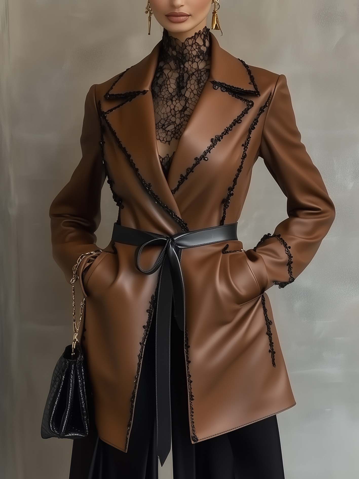 Brown Faux Leather Jacket With Stylish Black Webbing And Belt