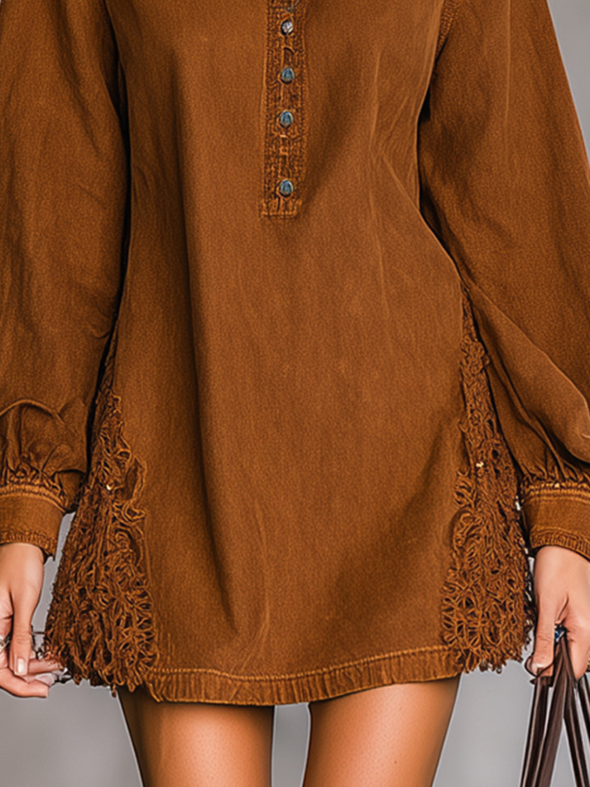 Brown Off-Shoulder Denim Fringe Lace Mini Dress