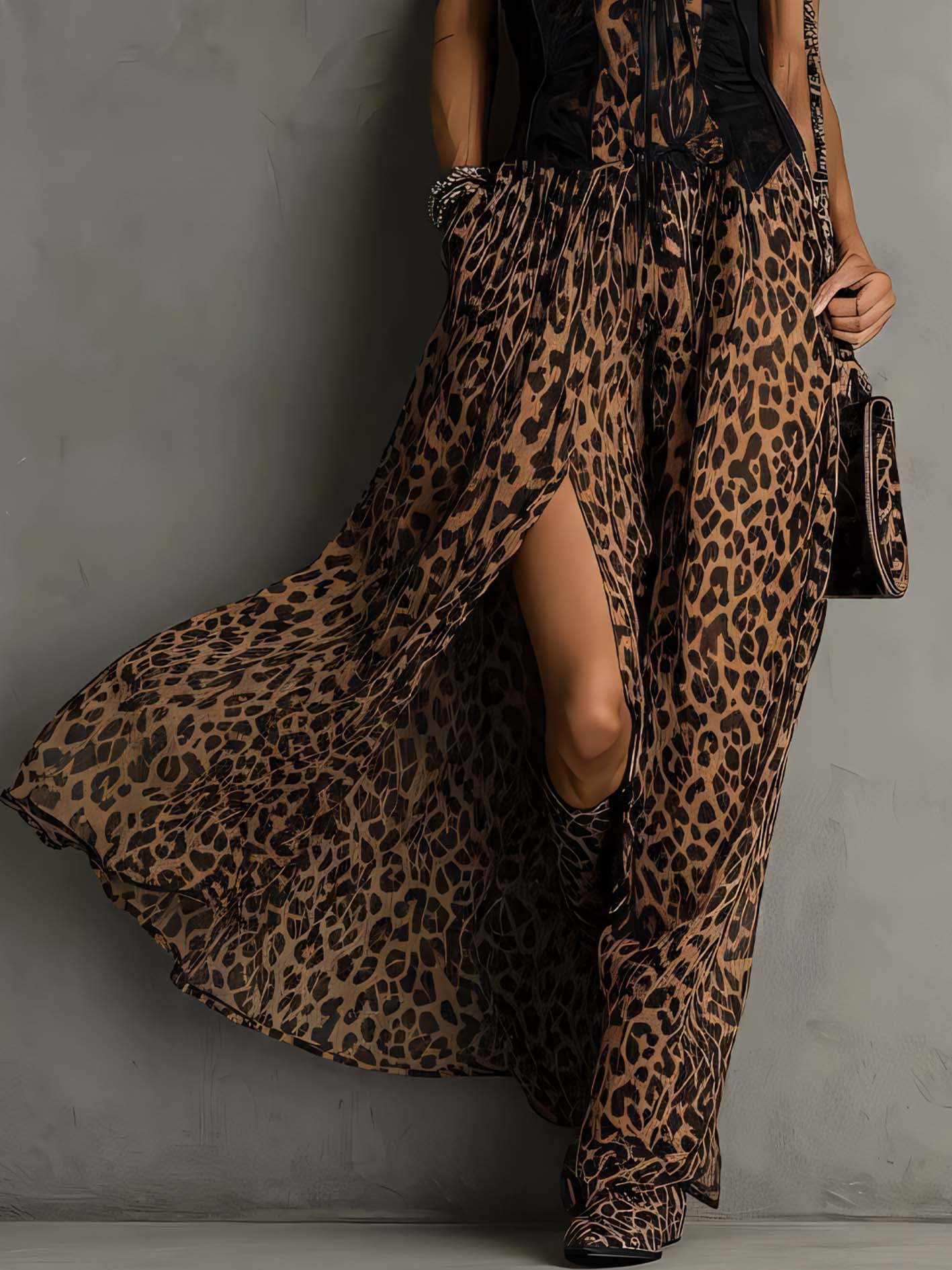 Leopard Print Chiffon Patchwork Spaghetti Strap Maxi Dress With Side Slit
