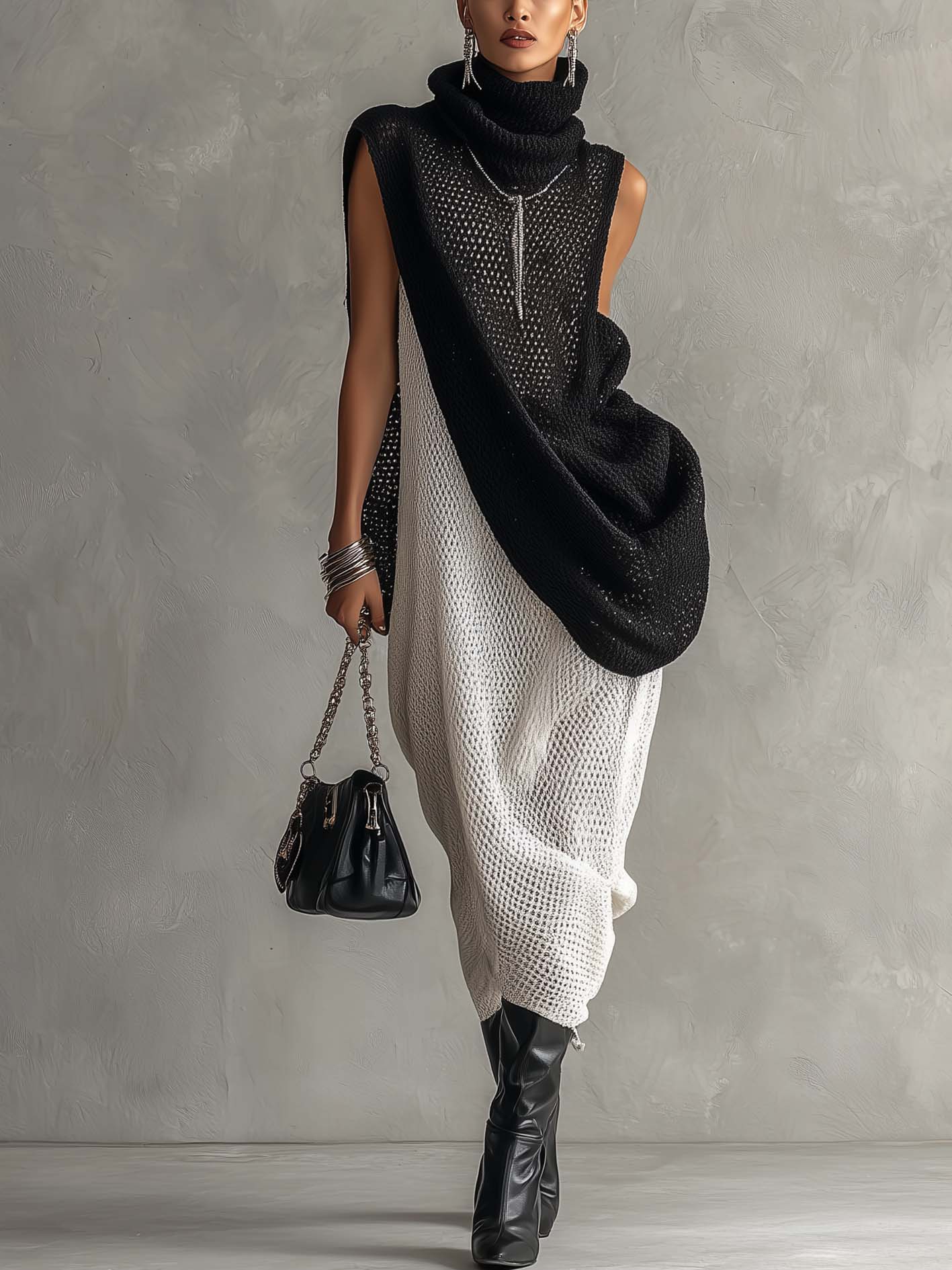 Black Turtleneck Mesh Knit Overlay With White Sleeveless Midi Tank Dress Set