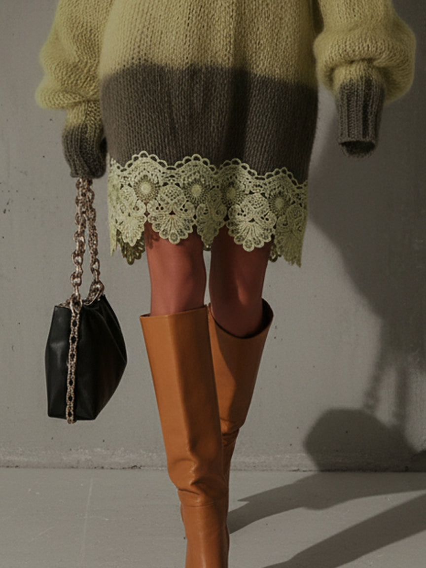 Green Color Block Mohair Knit Mini Dress With Lace Hem