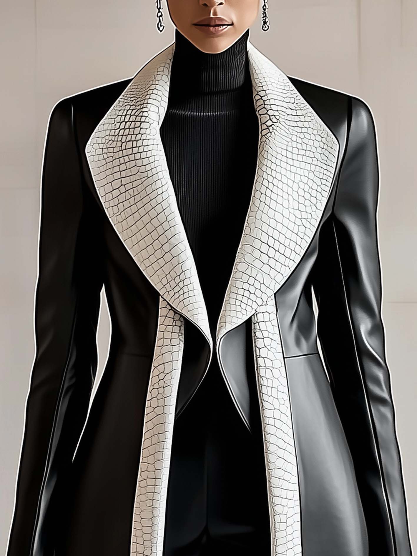 Black Faux Leather Jacket With White Stylish Trim And Lapels