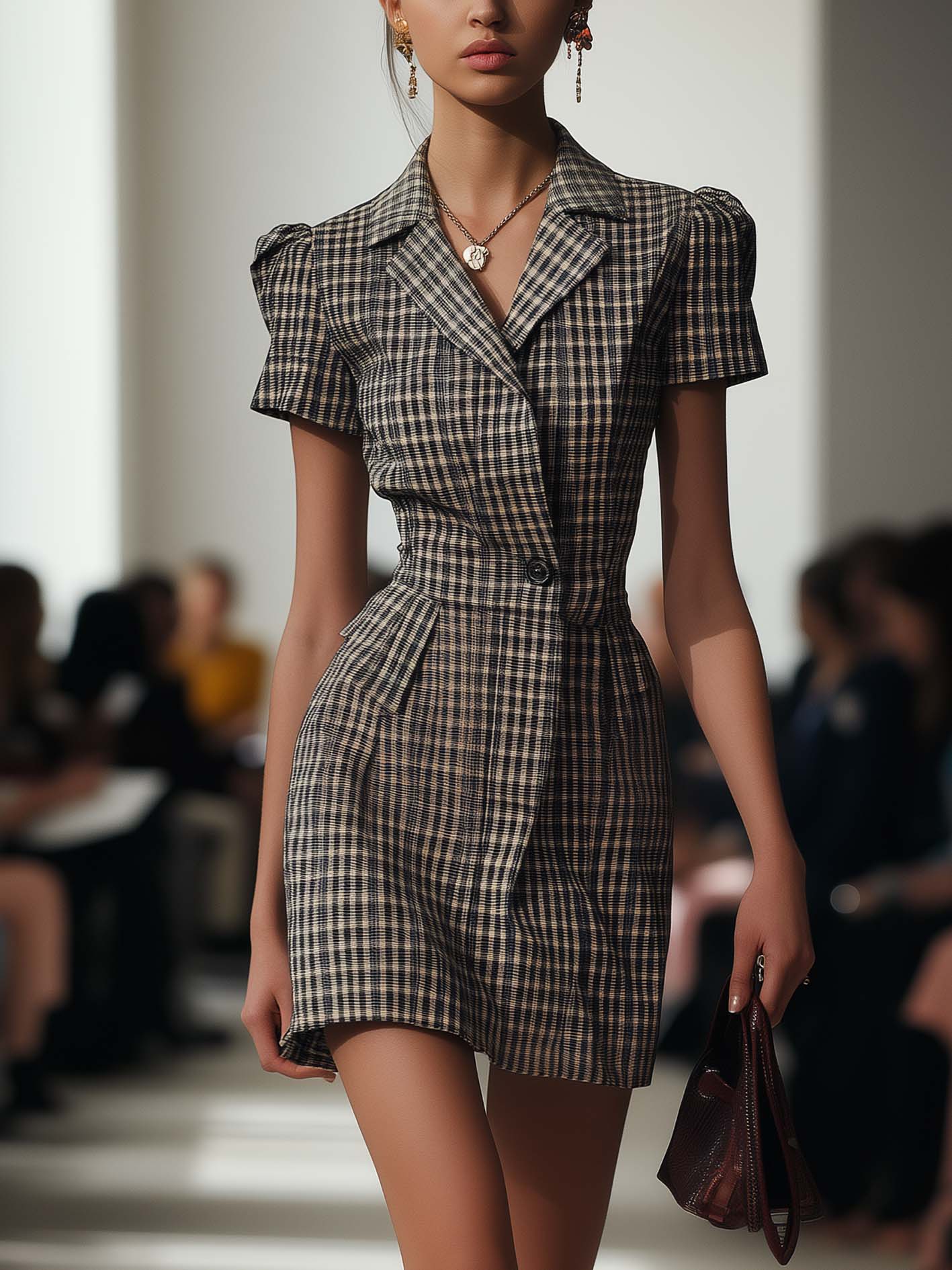 Black Plaid Mini Dress With Lapel