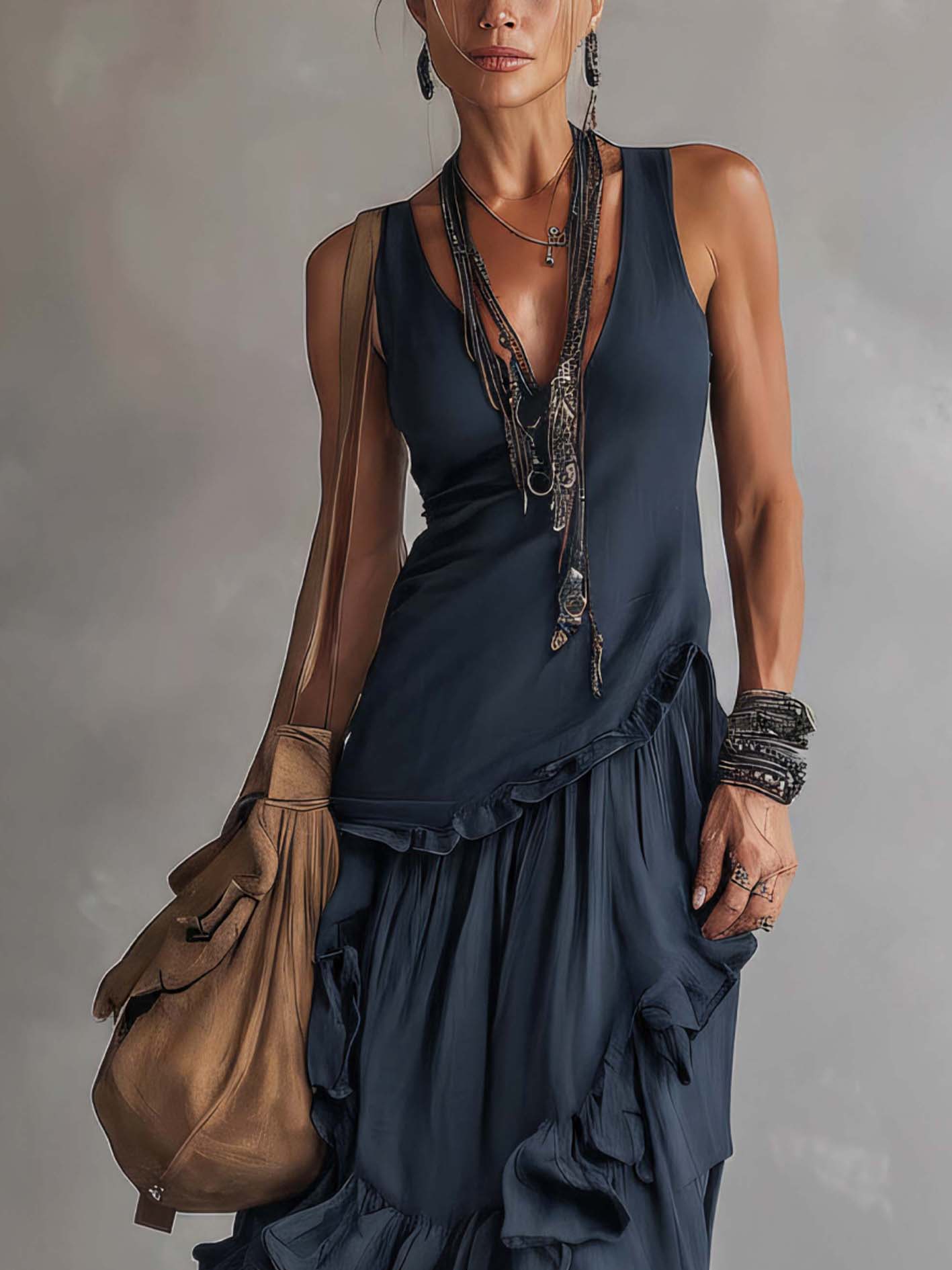 Deep Navy Cotton Linen Ruffled Sleeveless Maxi Dress