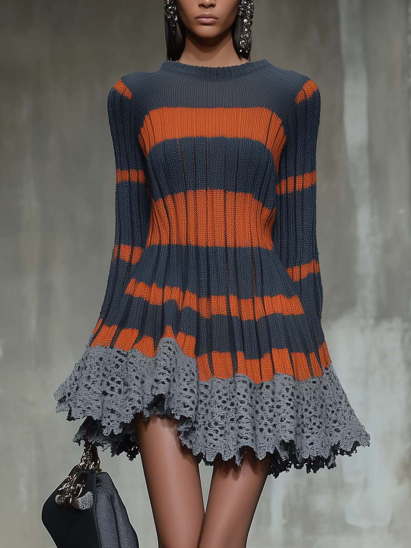 Gray Knitted Mini Dress With Lace And Orange Blocks