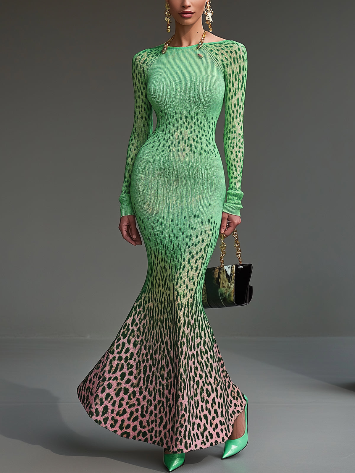 Green Gradient Leopard Print Knit Bodycon Dress