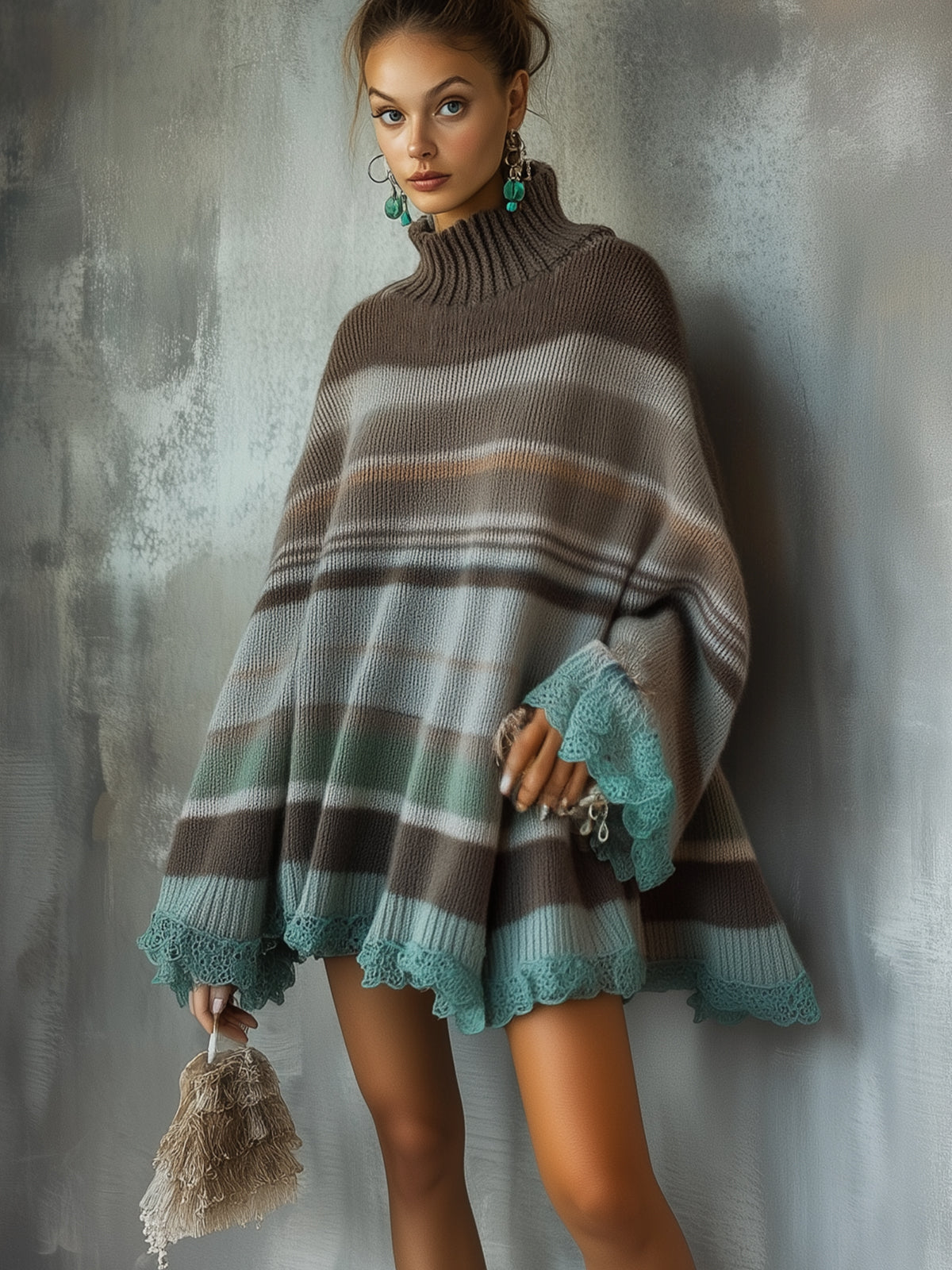 Striped Brown And Teal Knit Sweater Dress With Lace Trim