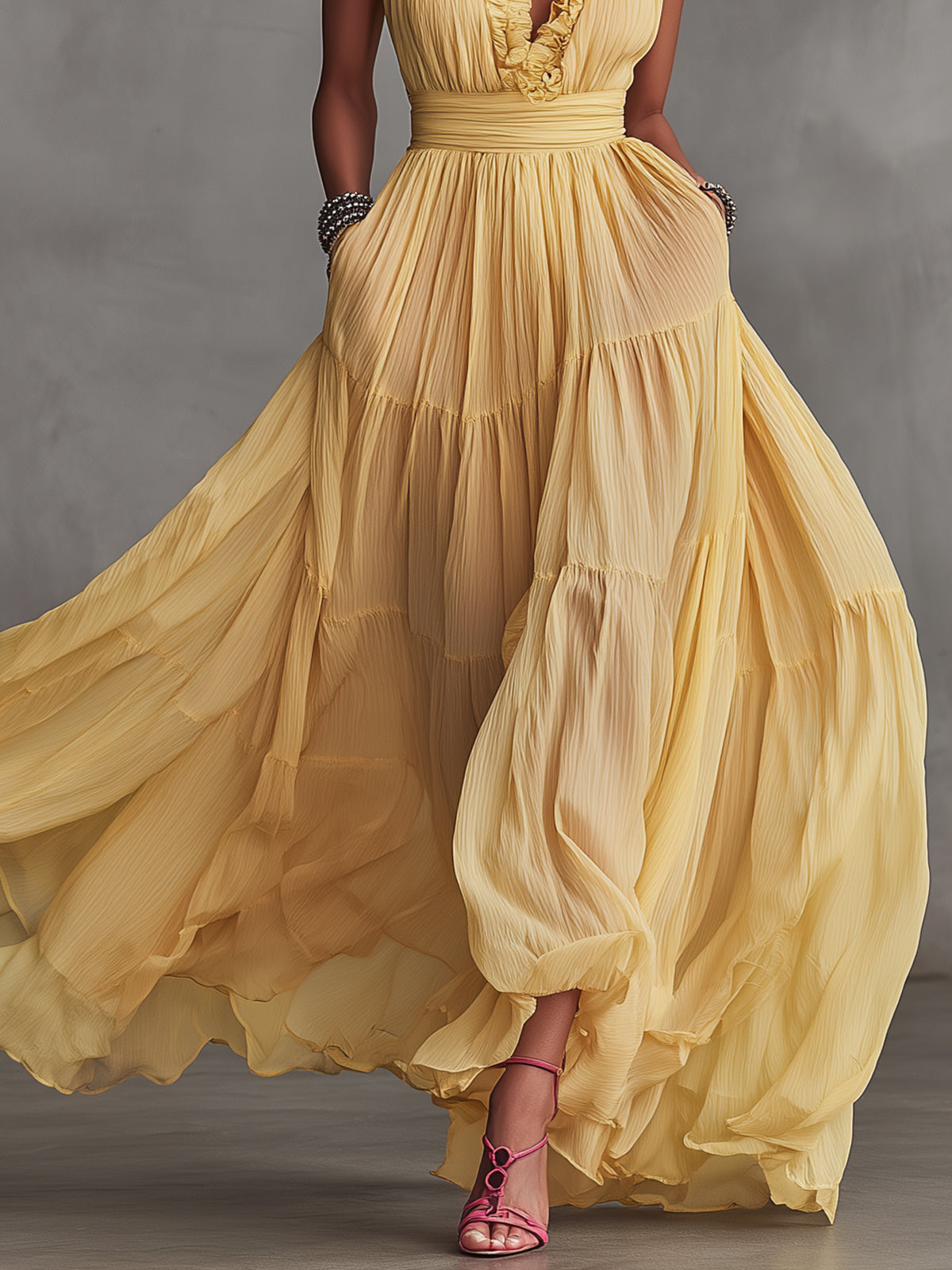 Yellow Ruffle Plunge Pleated Maxi Dress
