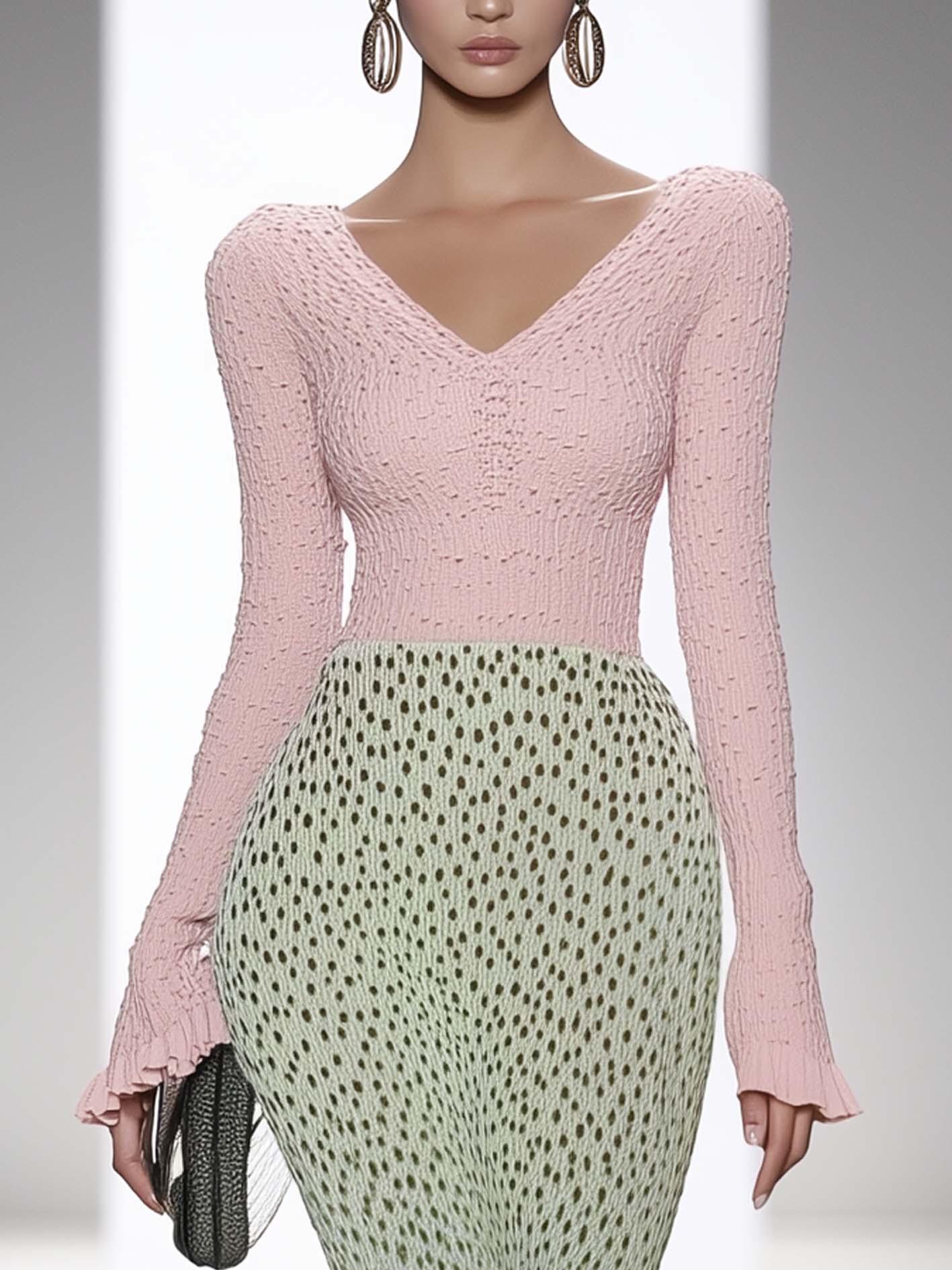 Pink Knitted Midi Bodycon Dress With Green Leopard Print Polka Dots