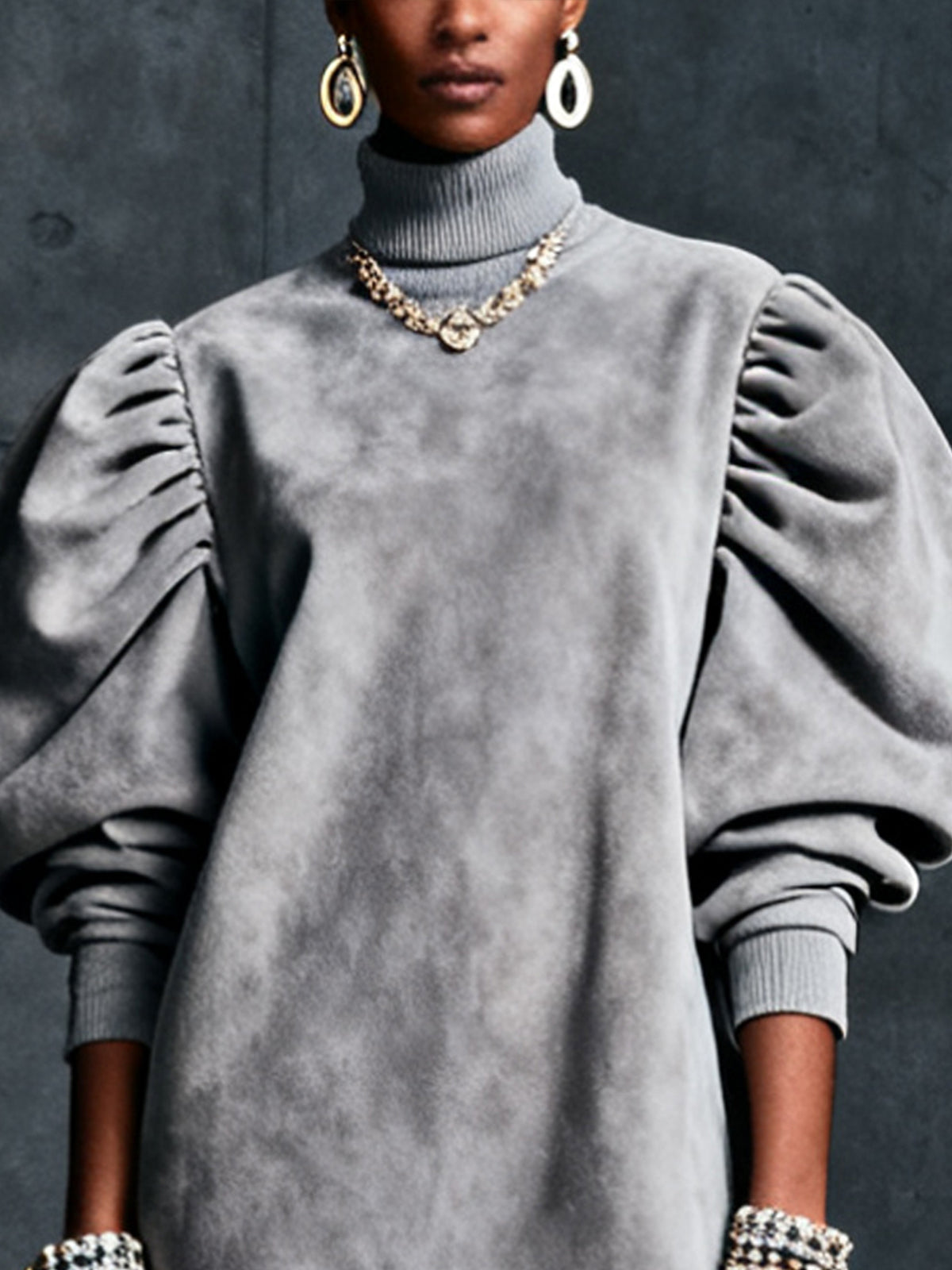 Grey Faux Suede Puff Sleeve Turtleneck Casual Dress