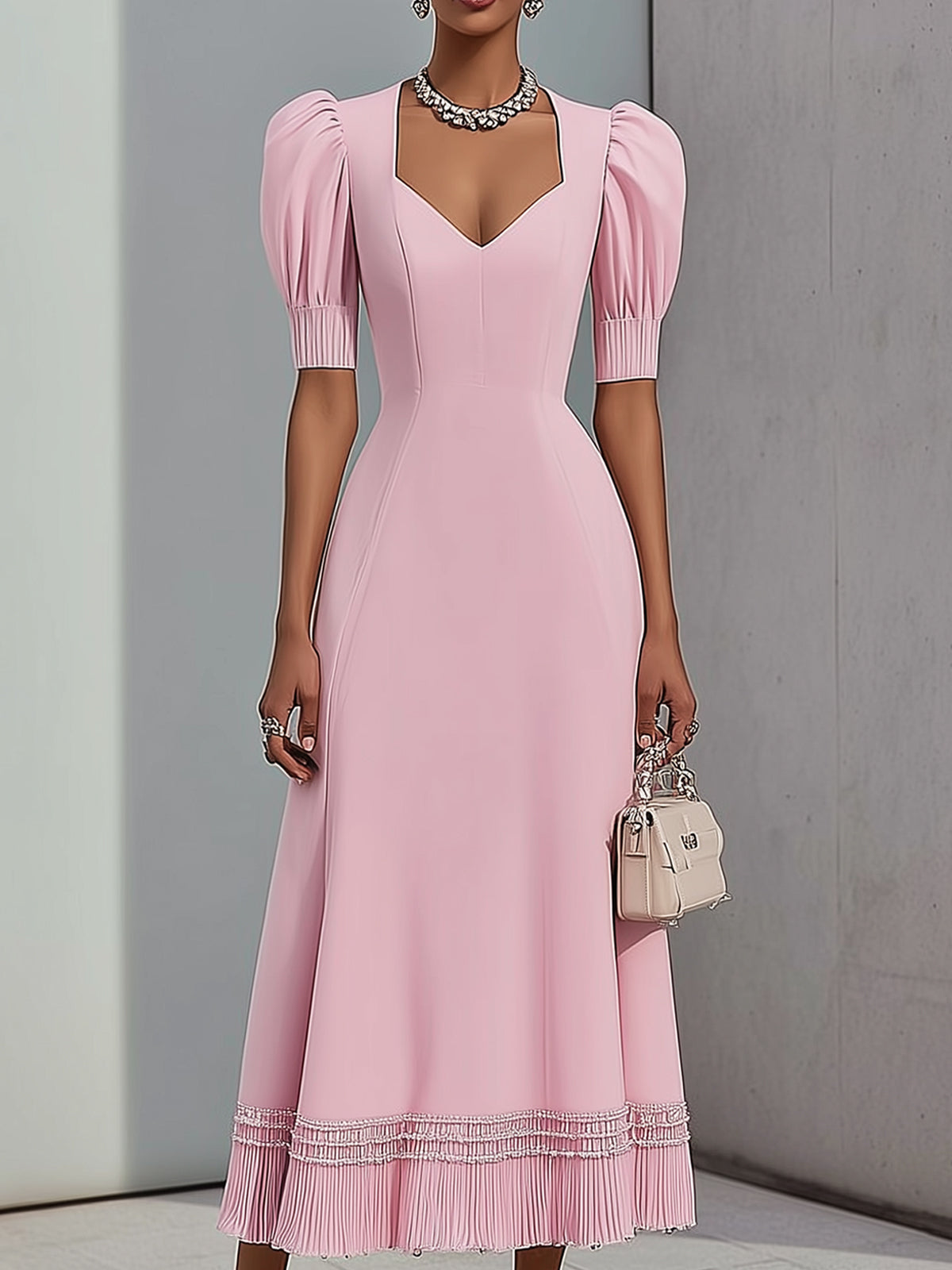 Blush Fringed Hem Puff Sleeve Square Neck Midi Dress