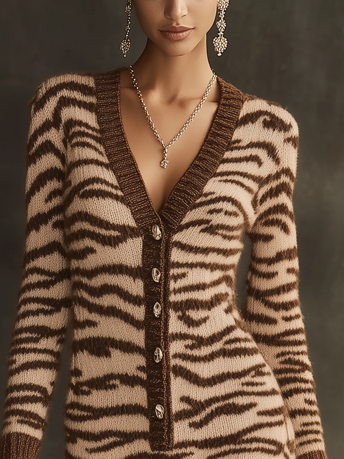 Zebra Print Knit Cardigan Dress With Button Detail
