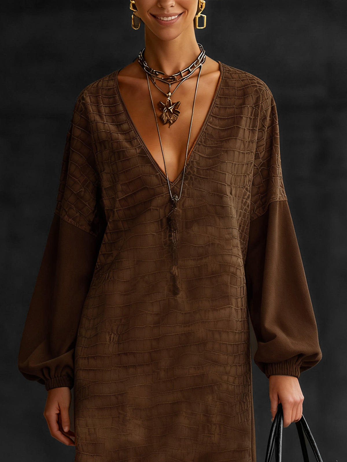 Brown Faux Suede Deep V-Neck Mini Dress With Lantern Sleeves