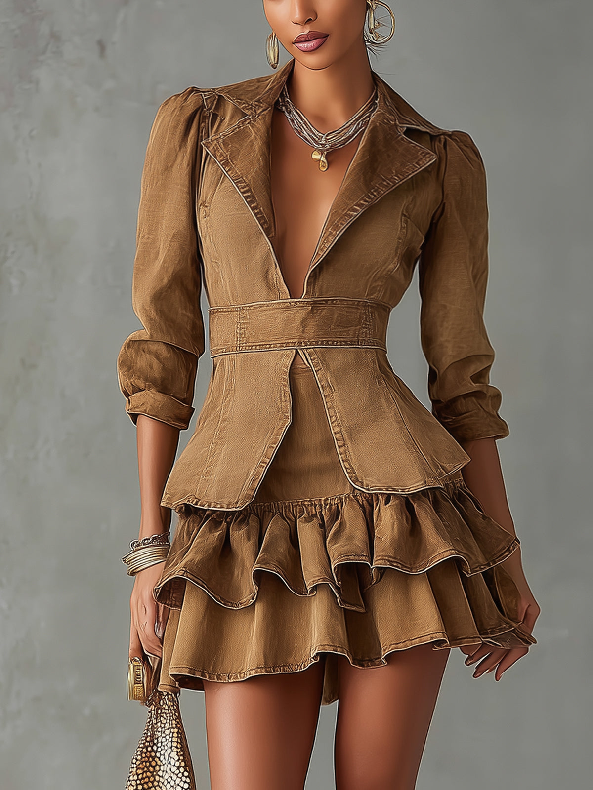 Vintage Brown Ruffled Mid Sleeve Denim Mini Dress