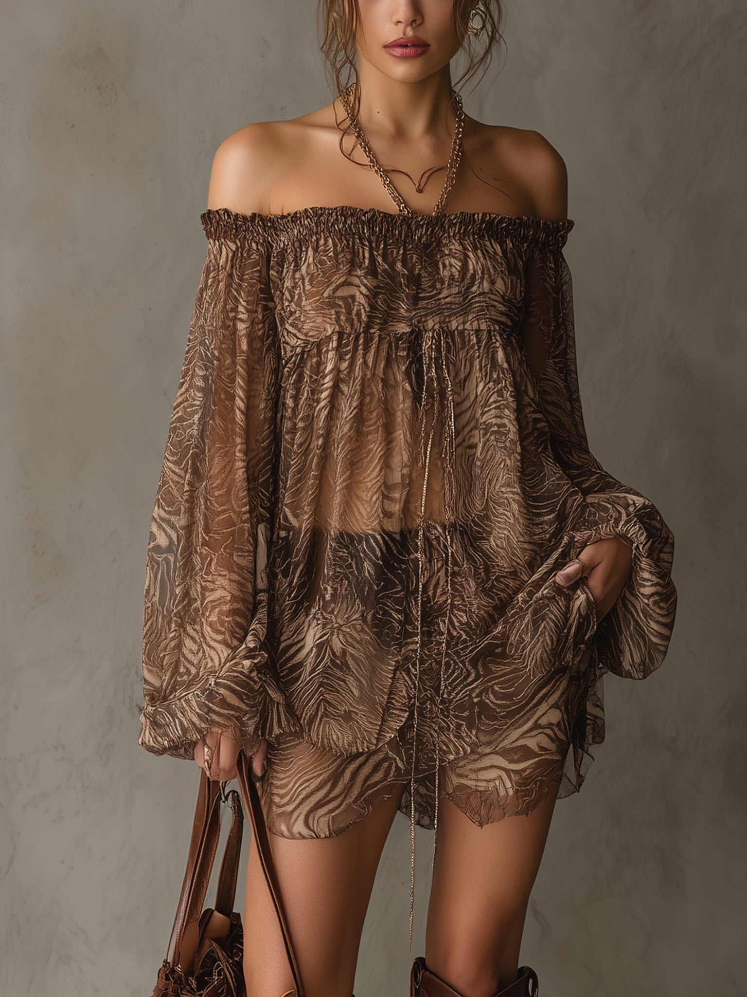 Brown Animal Print Chiffon Off Shoulder Top And Shorts Set