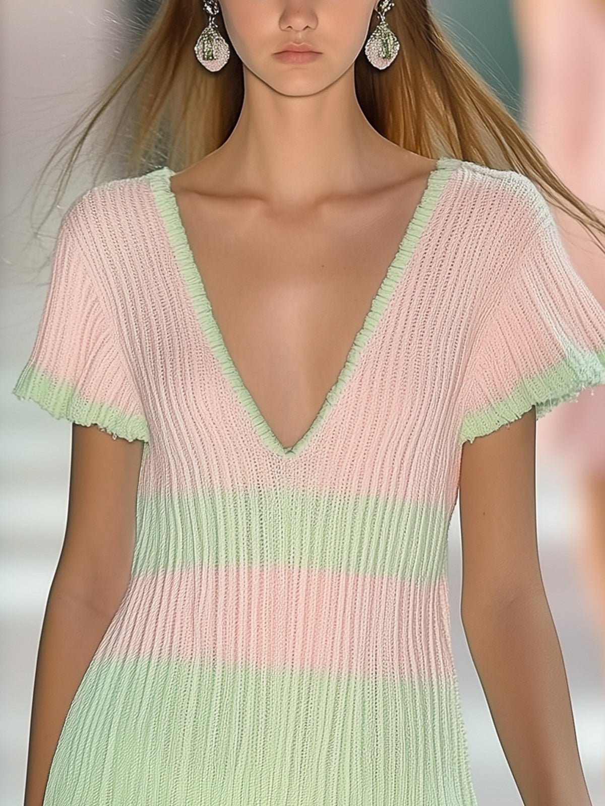 Pink And Mint Green Ribbed Knit Dress