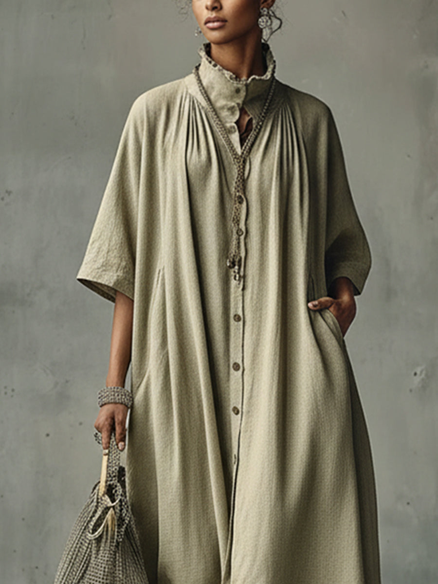 Sage Green Cotton Linen Pleated Lace Maxi Dress