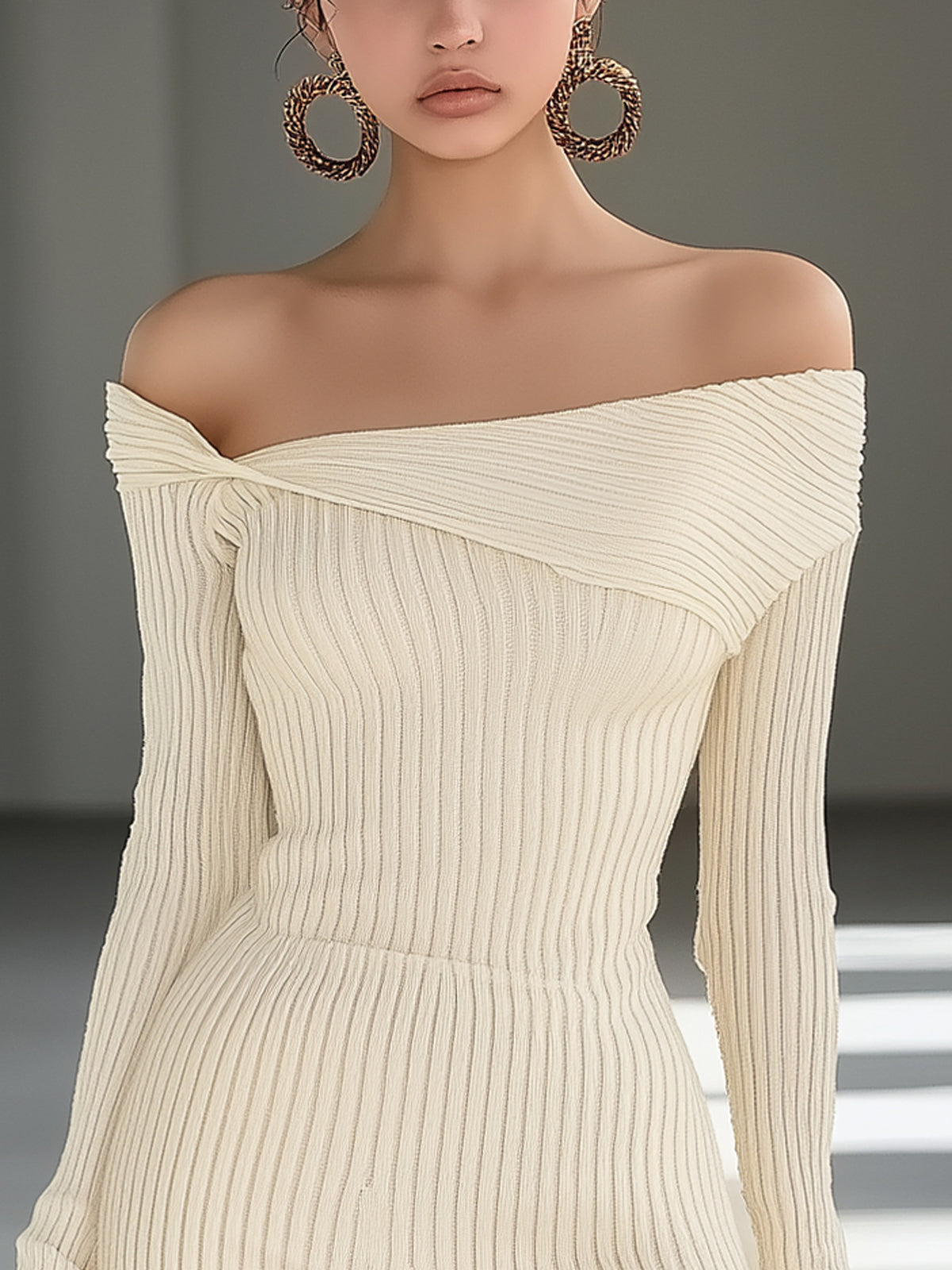 Ivory Ribbed Knit Asymmetrical Slit Off Shoulder Long Sleeve Mini Dress