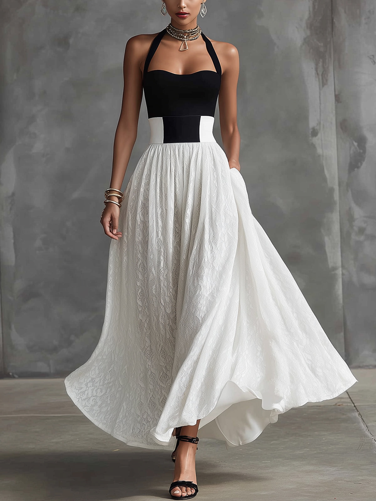 Black And White Halter Neck Contrast Lace Maxi Dress