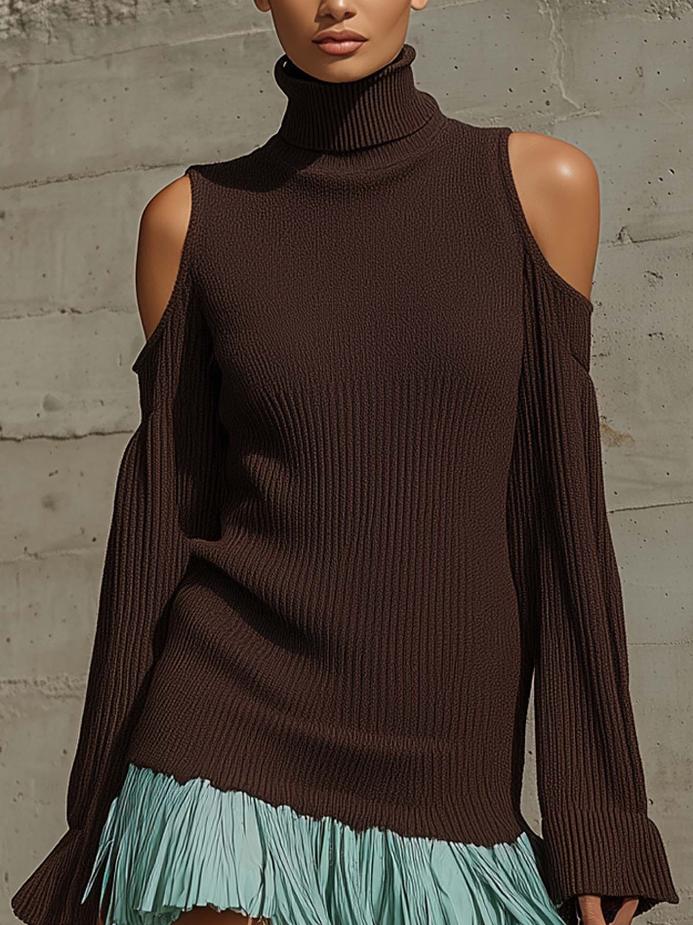 Chocolate Knit Cold Shoulder Mini Dress With Mint Green Fringe Hem