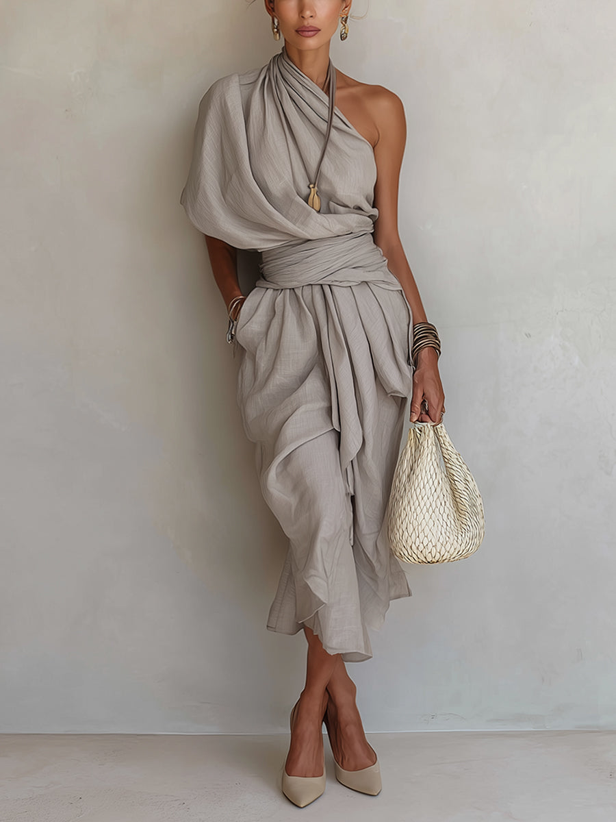 Gray Asymmetric Draped Linen Maxi Dress