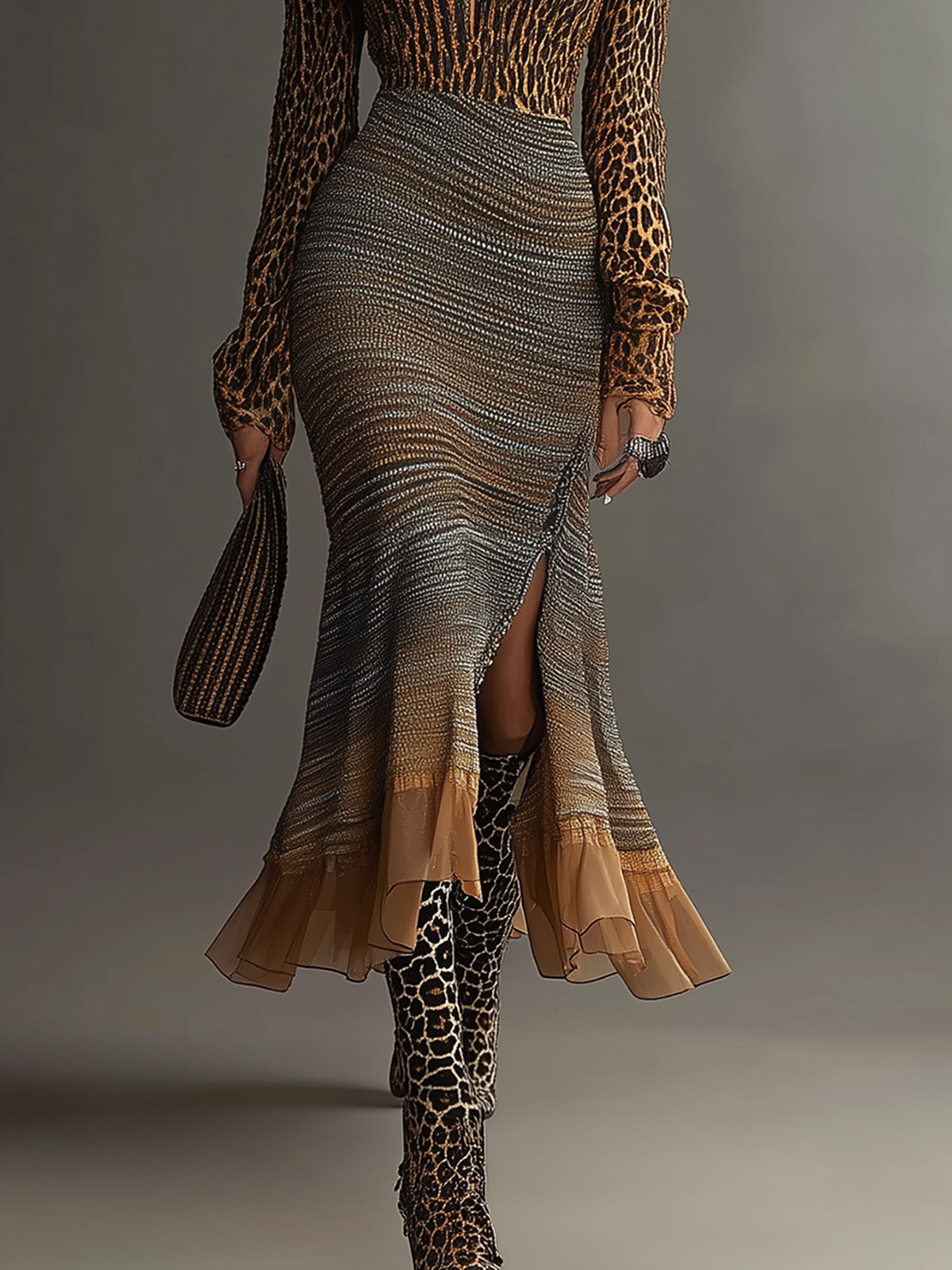 Leopard Print Dress With Ombre Skirt And Ruffled Hem