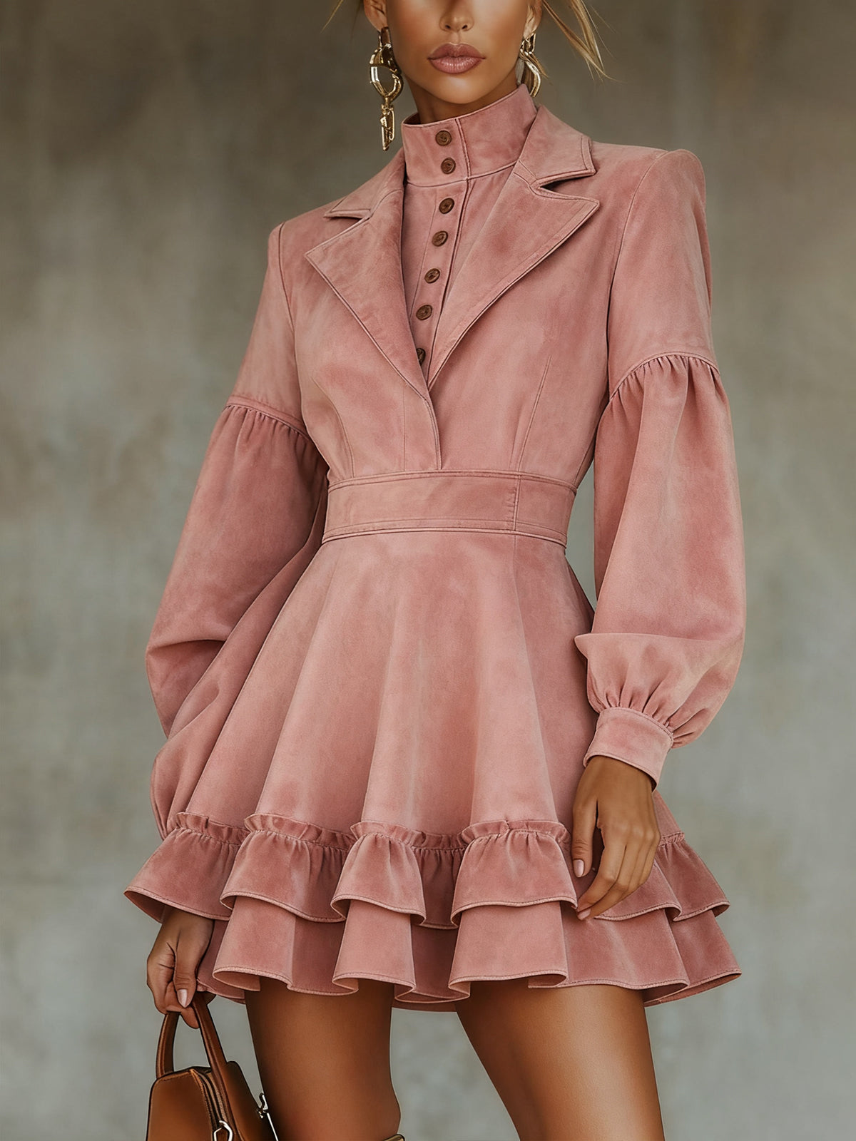 Pink Faux Suede Ruffled Blazer Dress