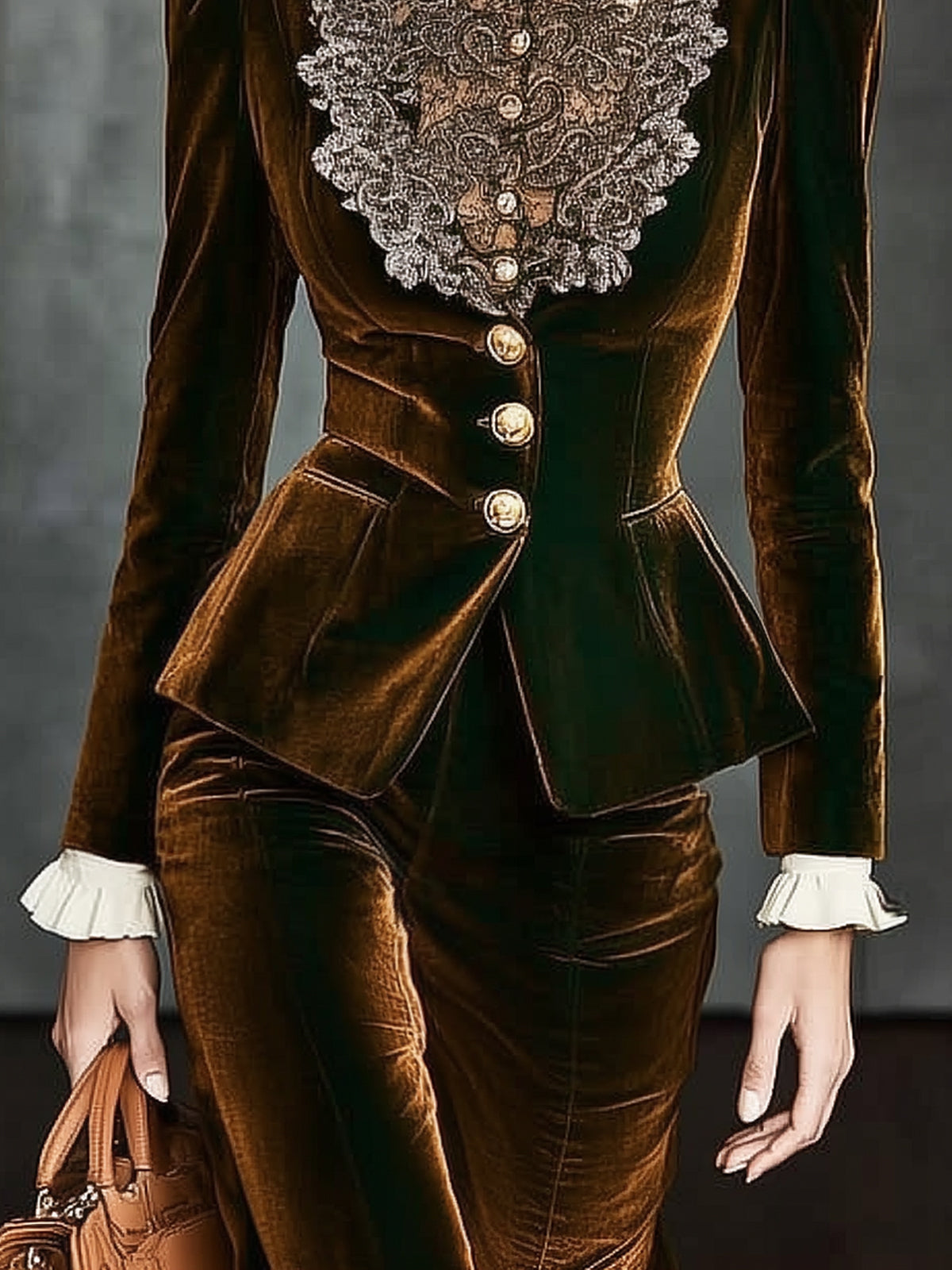 Bronze Brown Velvet Blazer With A Gorgeous Tailored Lace Front