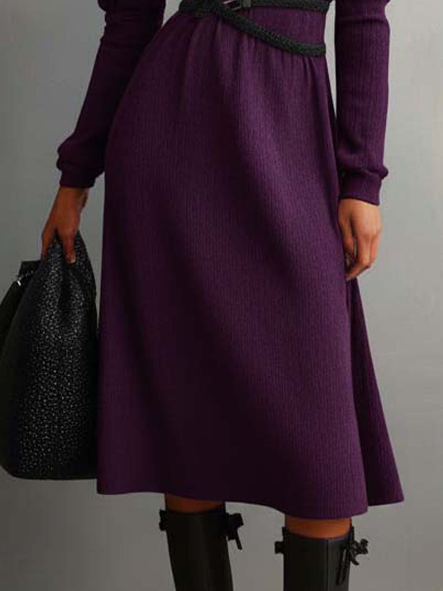 High-neck Purple Knitted Midi Dress With Black Belt