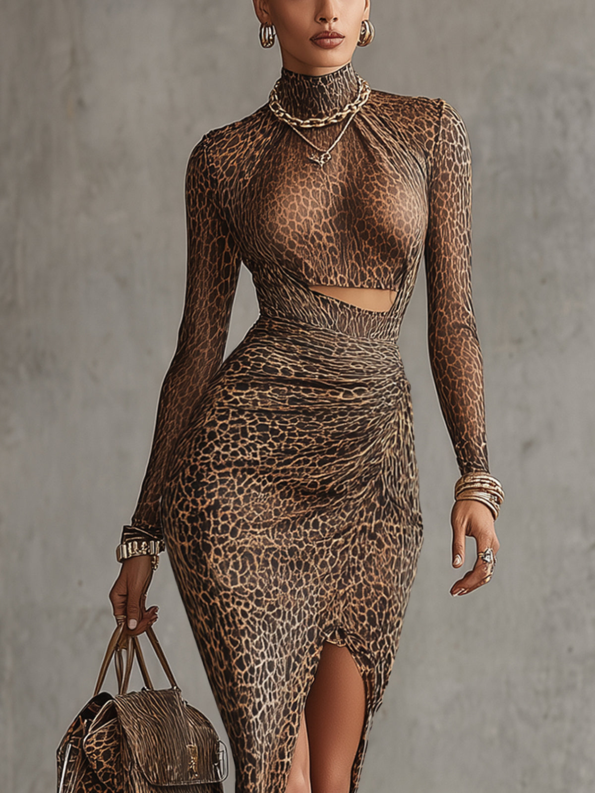Leopard Print  Cutout Waist High Neck Bodycon Midi Dress