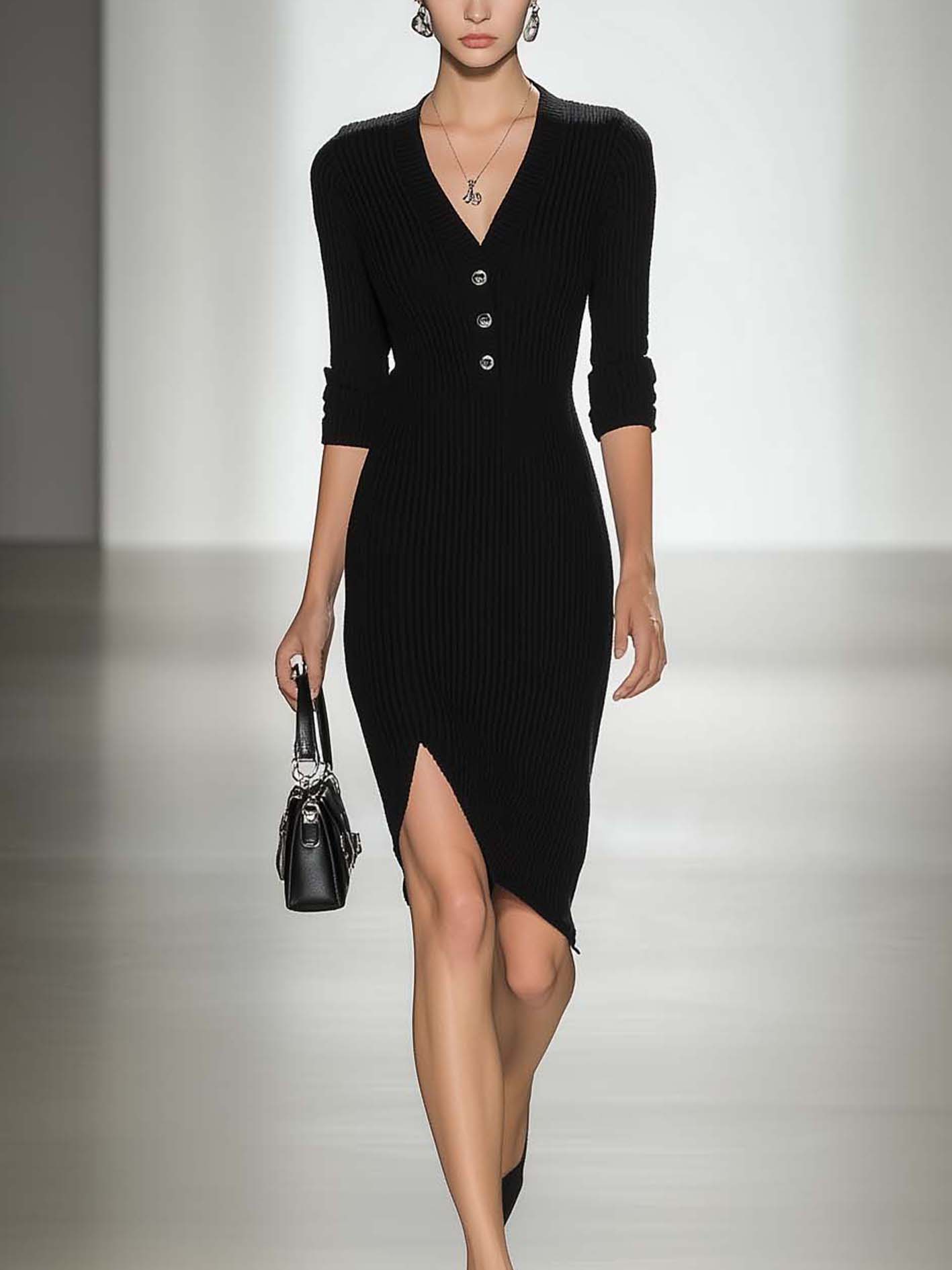 Side Slit Simple Black Knitted Midi Bodycon Dress