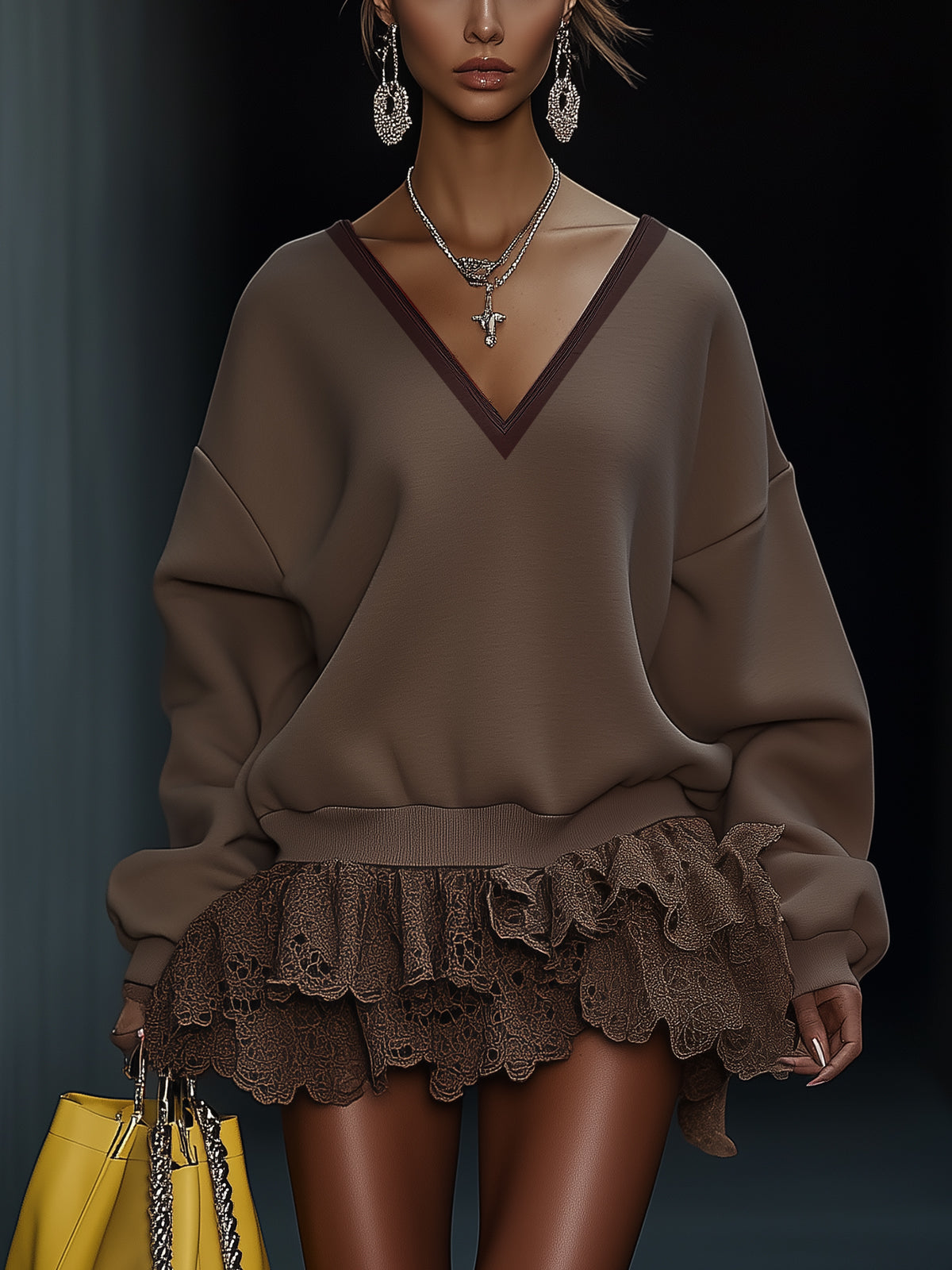 Brown Dress With Layered Lace Ruffle Hem And Safety Pants
