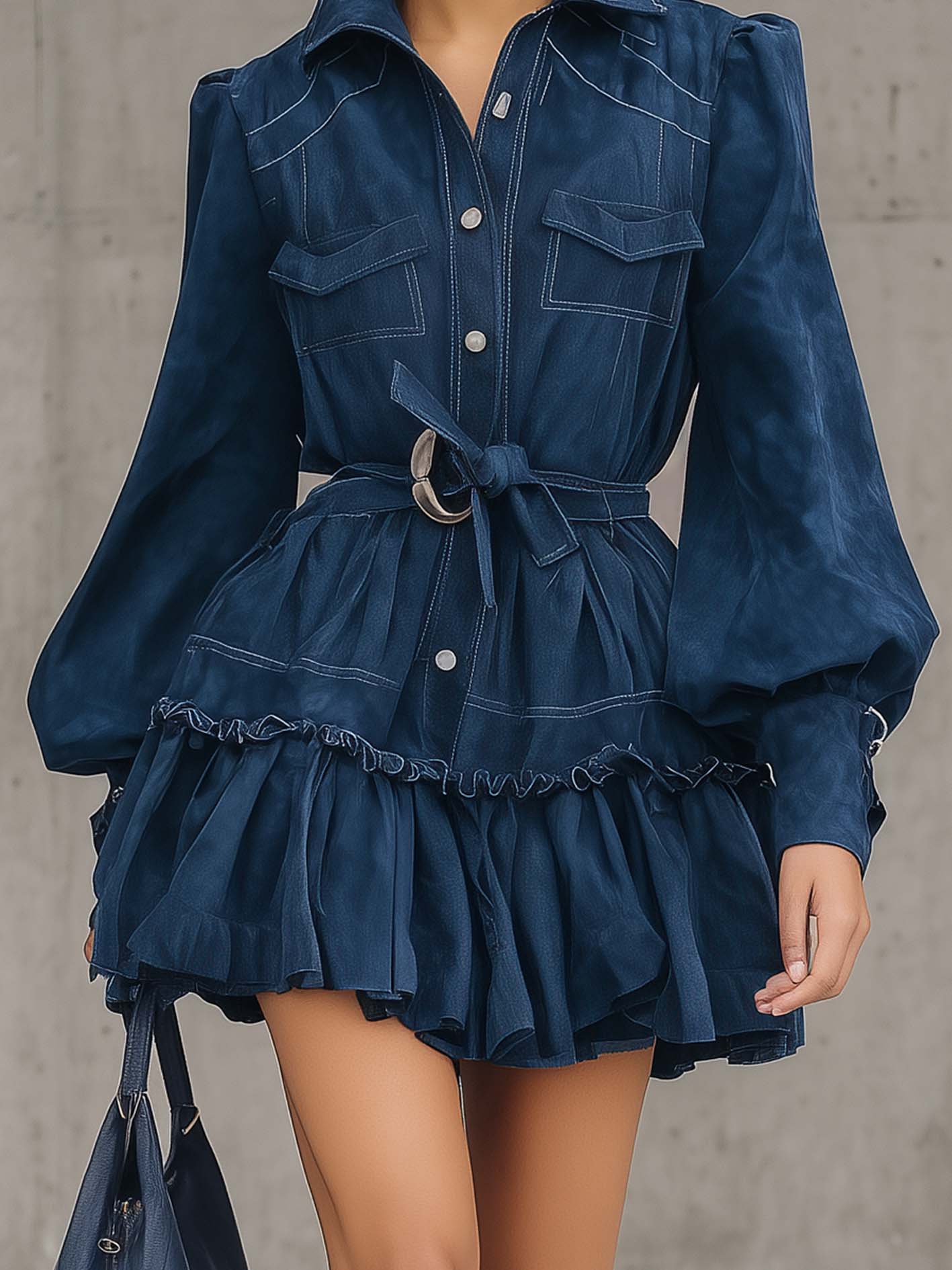 Blue Faux Suede Ruffle Belted Mini Dress With Puff Sleeves