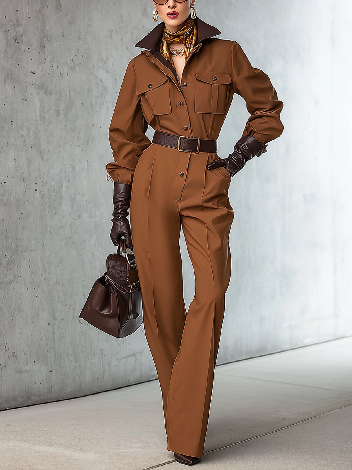 Maroon Slim Fit Jumpsuit With Contrasting Leather Collar (Belt Included)