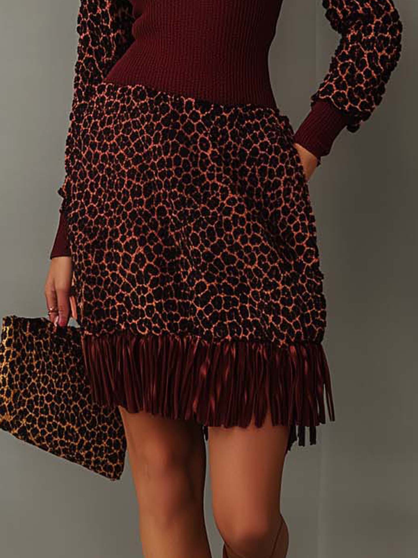 Burgundy Knitted Midi Dress With Leopard Print And Tassels