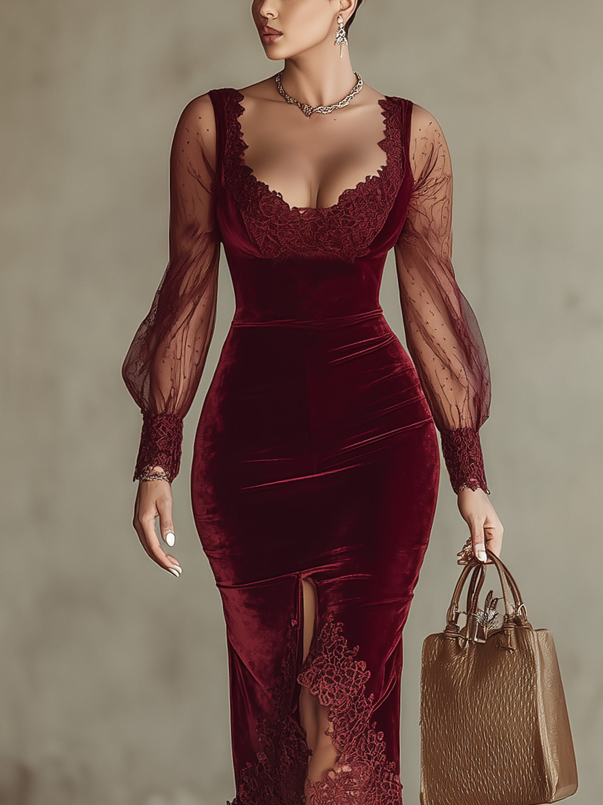 Burgundy Velvet Lace Trim Mesh Sleeve Bodycon Midi Dress