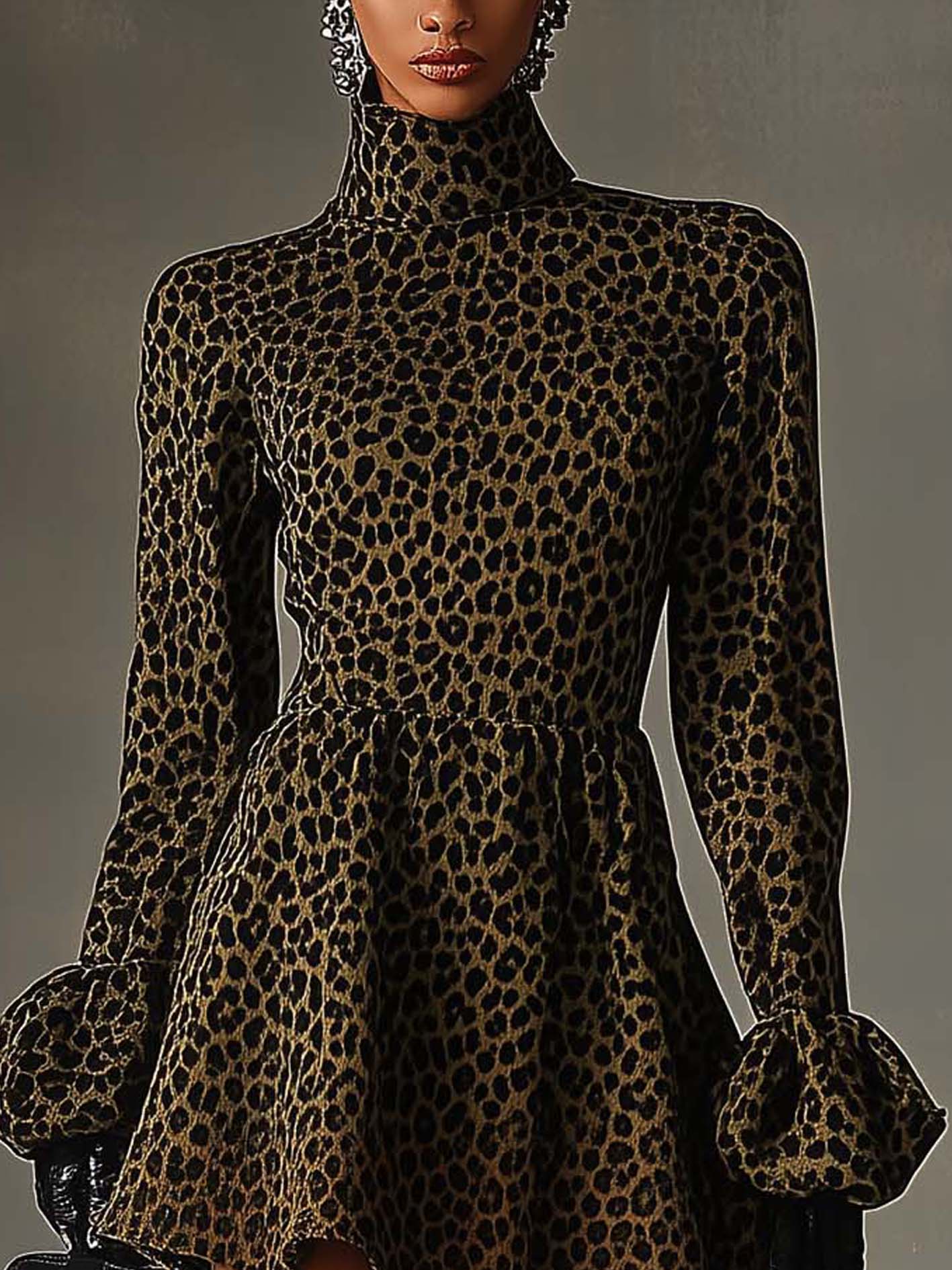 Army Green Mini Sweatshirt Dress With Ruffled Sleeves And Black Leopard Print