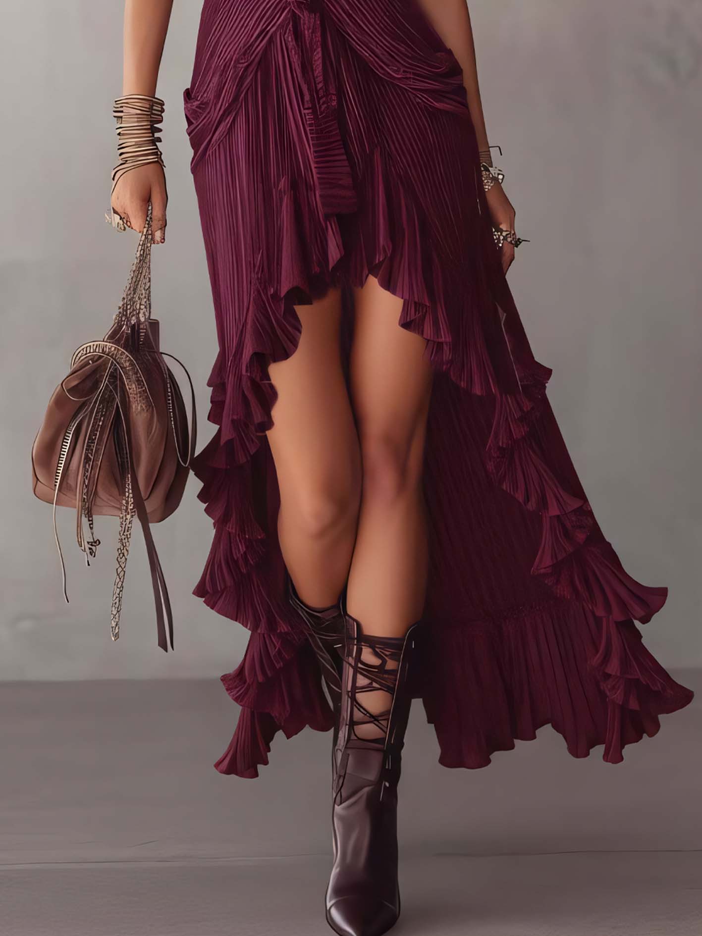 Deep Wine Velvet Pleated Maxi Dress With Ruffle Hem
